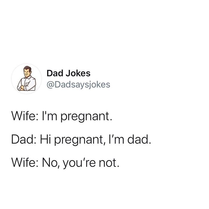 Dad jokes text exchange with the classic line "Hi pregnant, I'm dad" from a humorous account.