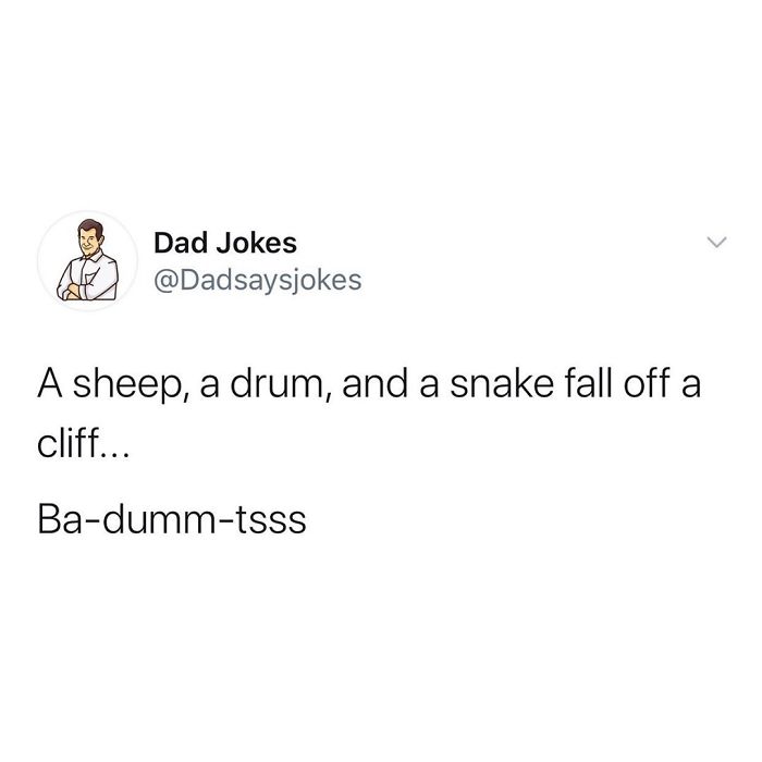 Dad joke tweet: "A sheep, a drum, and a snake fall off a cliff... Ba-dumm-tsss."
