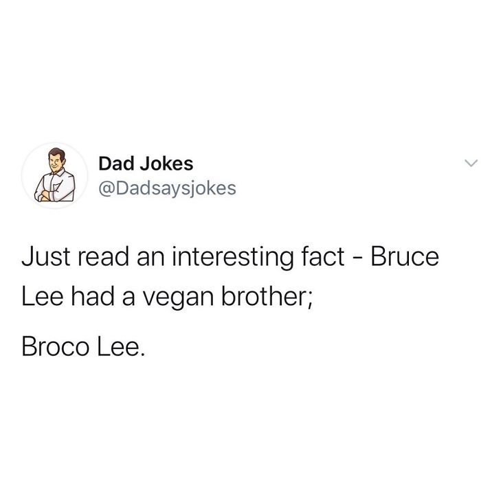 A dad joke about Bruce Lee's vegan brother, "Broco Lee," shared by a dedicated Twitter account.
