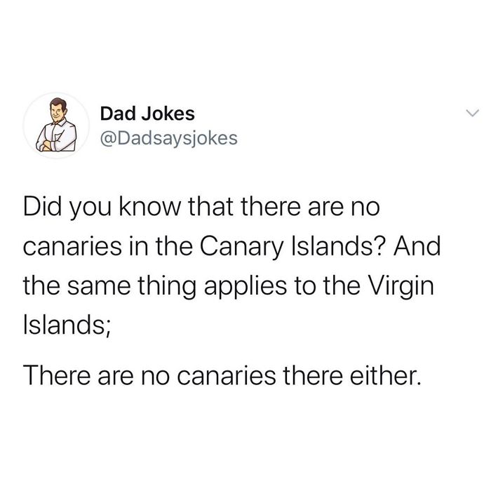 Dad jokes account shares a witty quip about canaries and the Virgin Islands in this humorous tweet.