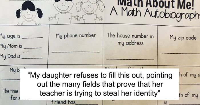A child refusing to fill out a math autobiography worksheet, humorously fearing identity theft, from parenting tweets in September.