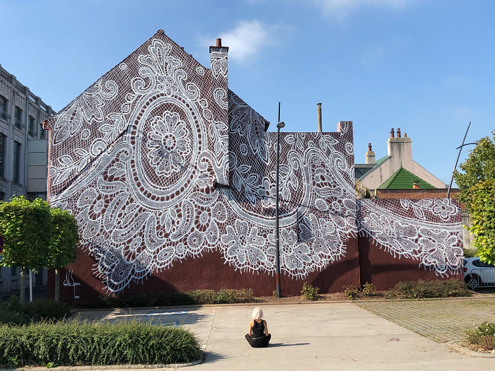 Warsaw-Based Artist Spray-Paints A Beautiful Lace Mural On The Side Of A French Lace Museum Warsaw-Based Artist Spray-Paints A Beautiful Lace Mural On The Side Of A French Lace Museum