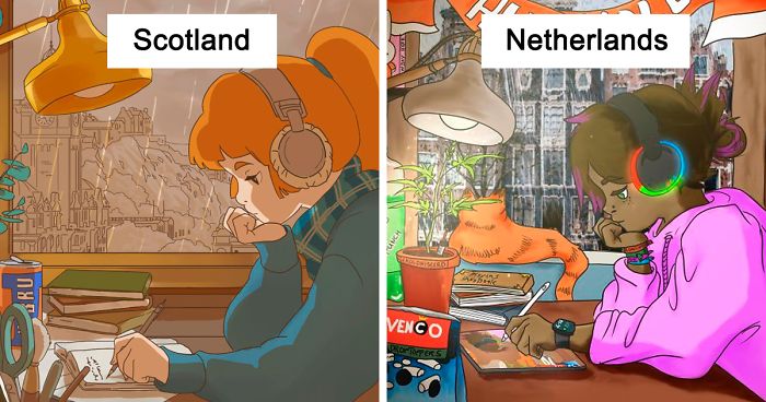 People Edit The “Lo-Fi Study Girl” Into Versions From Different Countries Full Of Original Details (30 Pics)