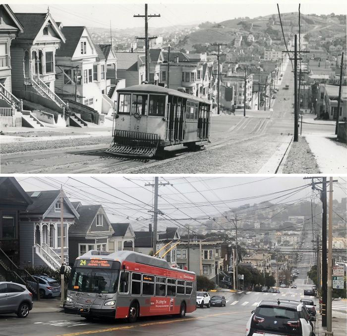 Castro St, San Francisco, Ca. 1940s And Now. Pics From Cable Car Museum Twitter.