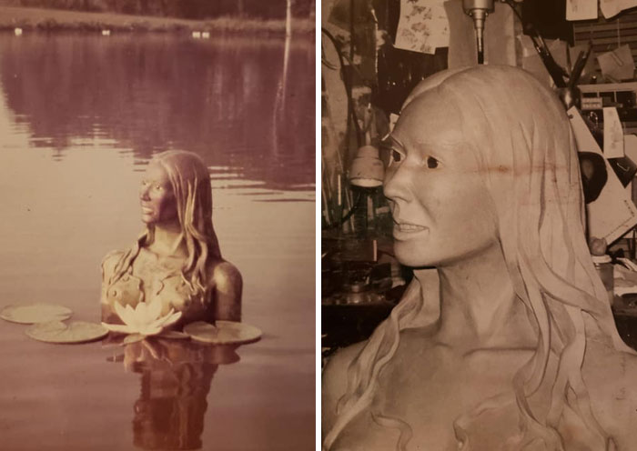 Going Thru Boxes Of Old Family Photos... I Found These Of A Mermaid Sculpture My Grandfather Created