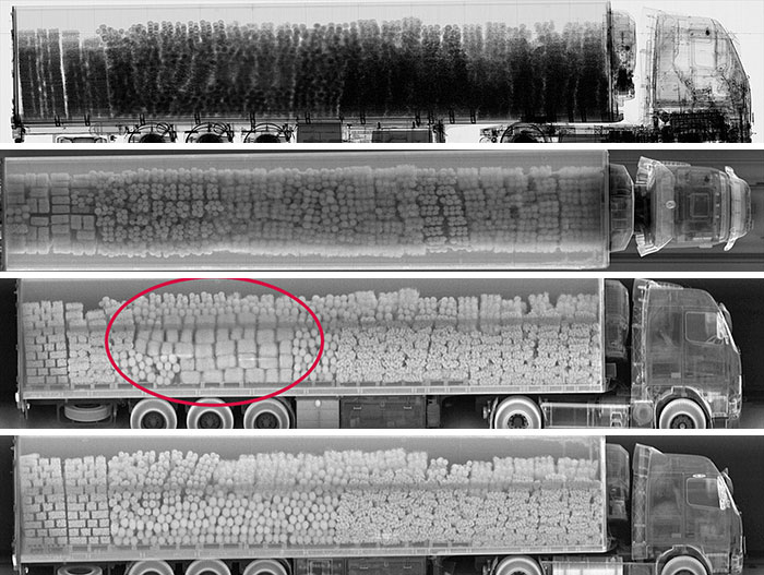 Backscatter X-Ray Identifying Contraband In A Truck. An Operator Noticed Anomalies In The Right-Side Z Backscatter View, And Flagged This Vehicle For Further Inspection
