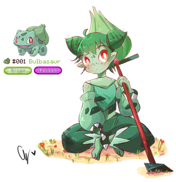 Humanized Bulbasaur art, depicting a character with green hair, sitting with a shovel on grass, inspired by Pokémon.