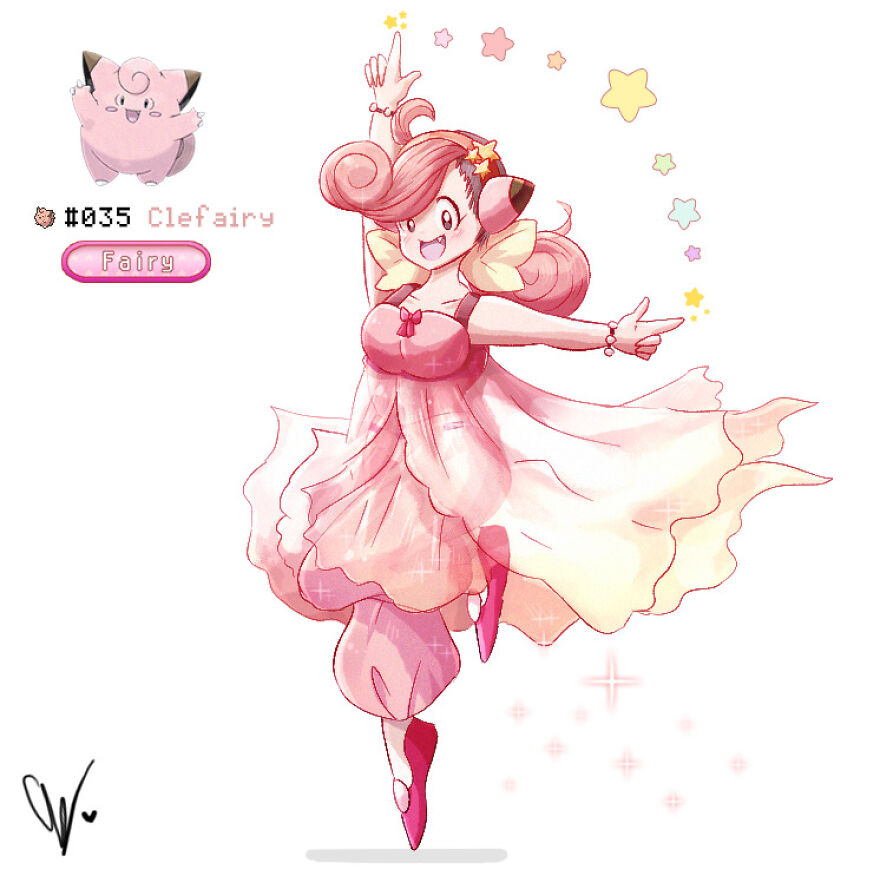 Human-like pink Pokémon character with fairy elements, wearing a flowing dress, inspired by Clefairy design.