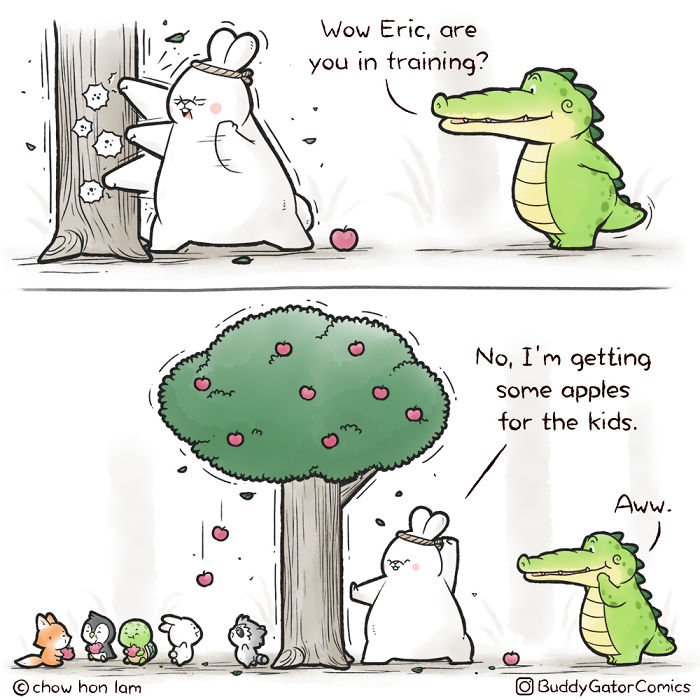 Cartoon of a sweet alligator and friends with a rabbit picking apples from a tree in a comic scene.