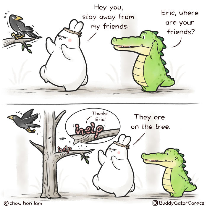 Comic panel featuring a sweet alligator and his friends, including a bunny and birds, in a lighthearted adventure scene.