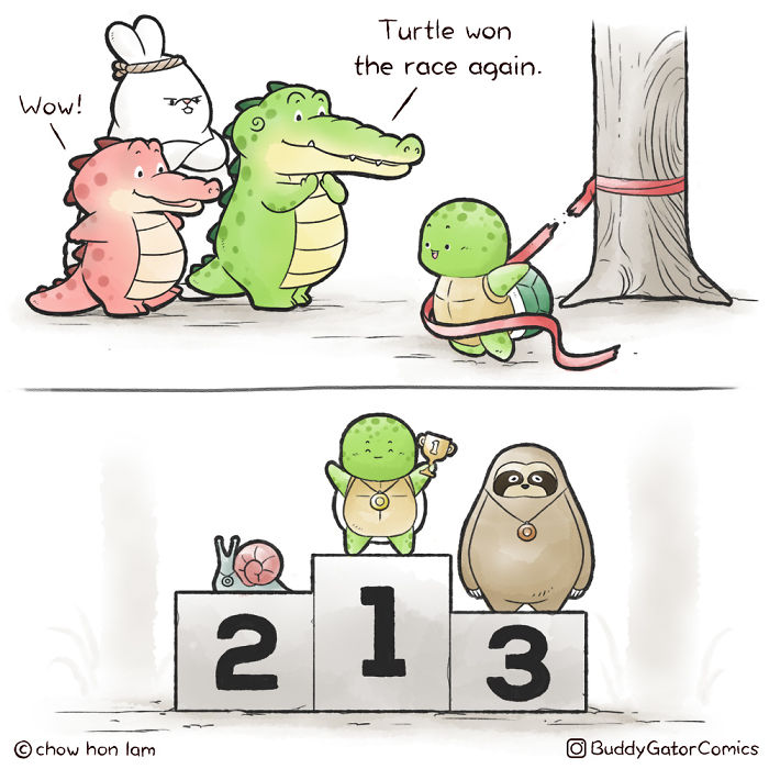 Sweet alligator and friends cheer as turtle wins race and stands on winner's podium with medals in a comic illustration.