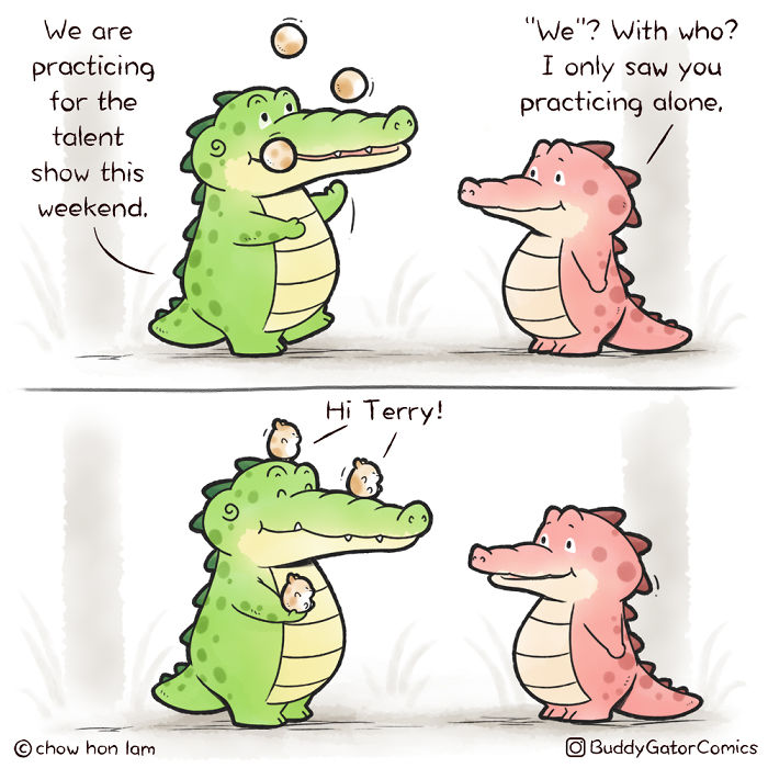 Cute green alligator practicing juggling with small animal buddies in a comic strip about adventures and friendship.