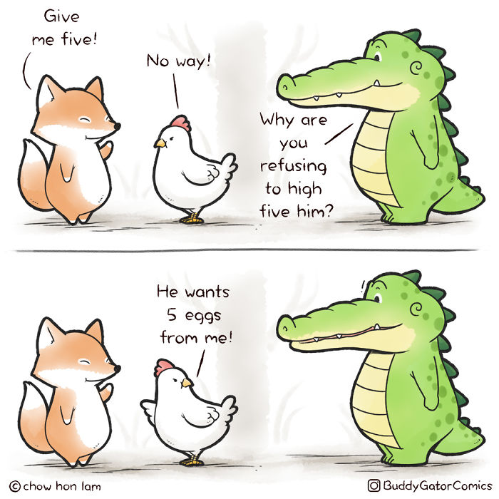 Sweet alligator and his best buddies in a comic strip with a fox and chicken sharing a funny moment.