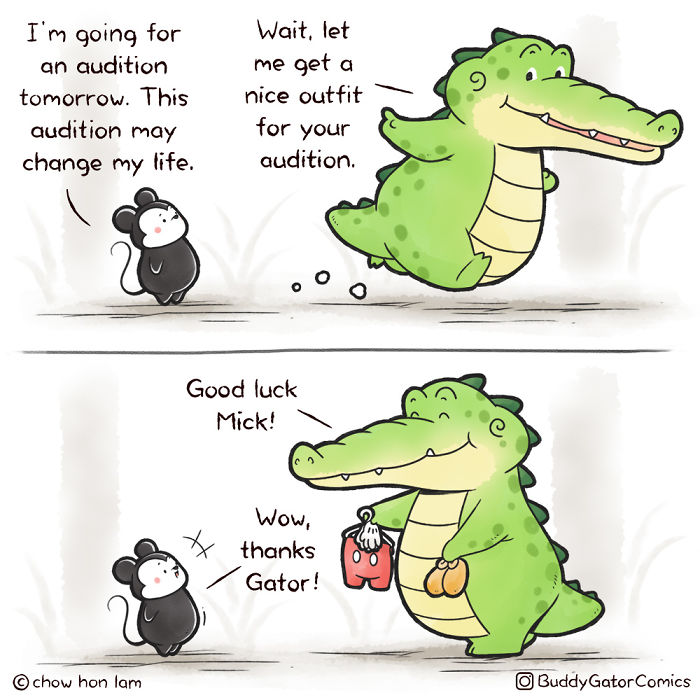 Comic strip featuring a sweet alligator and his mouse friend preparing for an audition, showcasing their friendship and adventures.