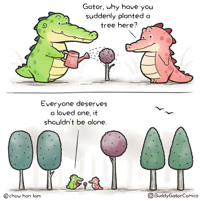 Cute comics featuring a sweet alligator and his best buddies planting a tree and sharing a heartfelt moment.