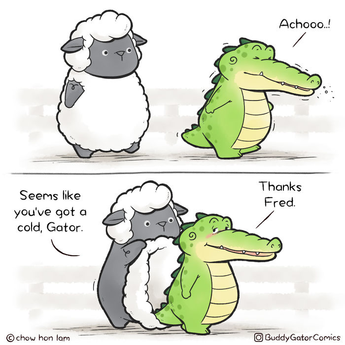 Cute comic of a sweet alligator sneezing and his sheep buddy caring for him in a lighthearted adventure scene.