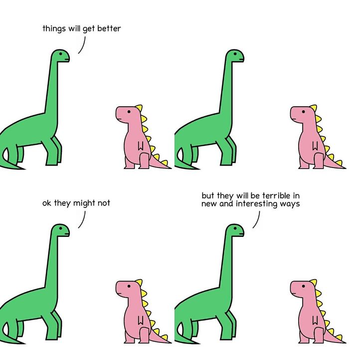 Dinosaur comic about future getting terrible in a new way 