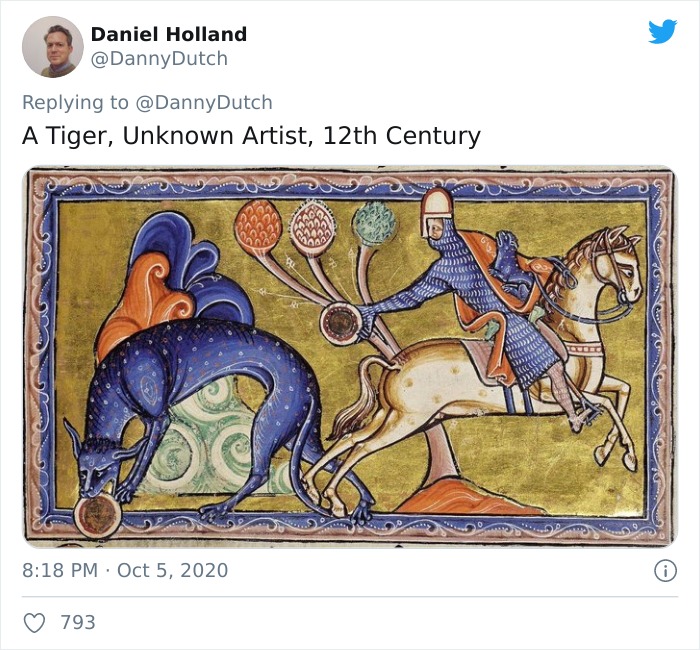 Medieval painting showing a knight on horseback and a blue animal resembling a tiger, illustrating artistic attempts without real animal references.