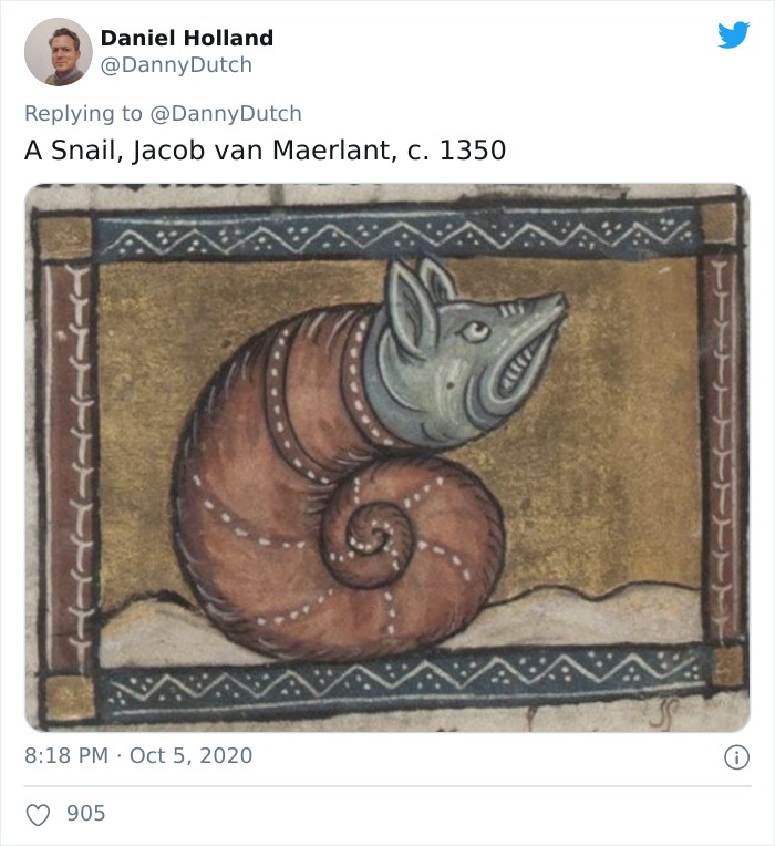 Medieval painters' attempt at depicting a snail with a strange animal-like face, circa 1350, in humorous medieval art style.