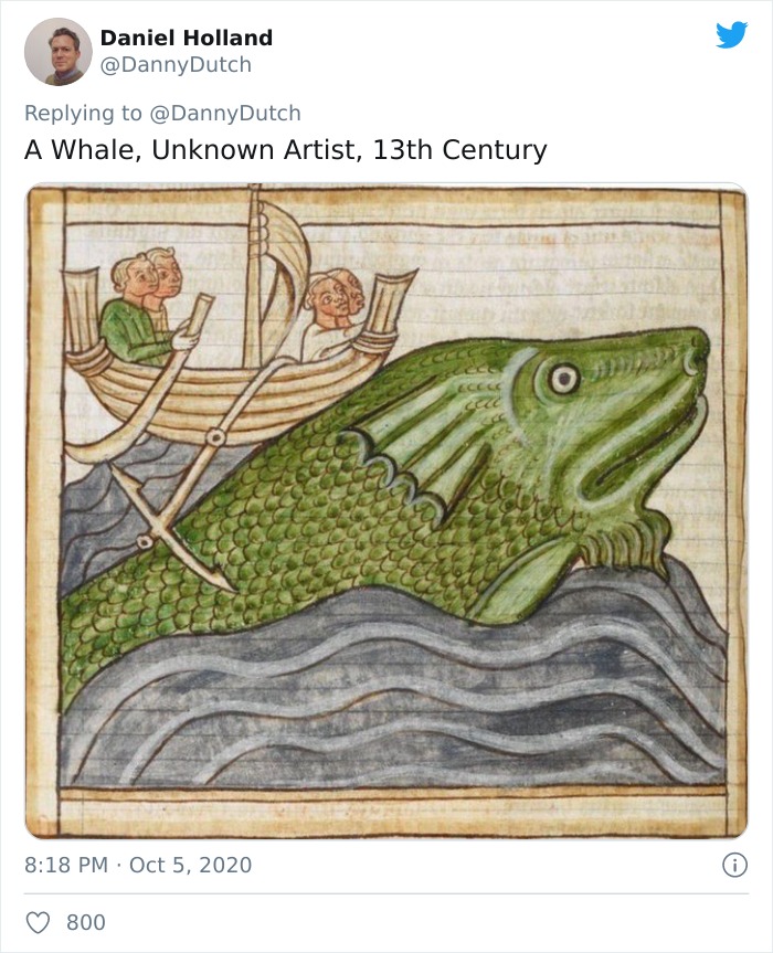 Medieval painters' humorous attempt to depict a whale with two-headed sailors in a wooden boat on stylized waves.