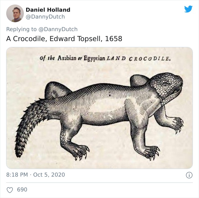 Medieval painters' attempt to depict a crocodile without seeing the animal, featuring a humorous and inaccurate design from 1658.