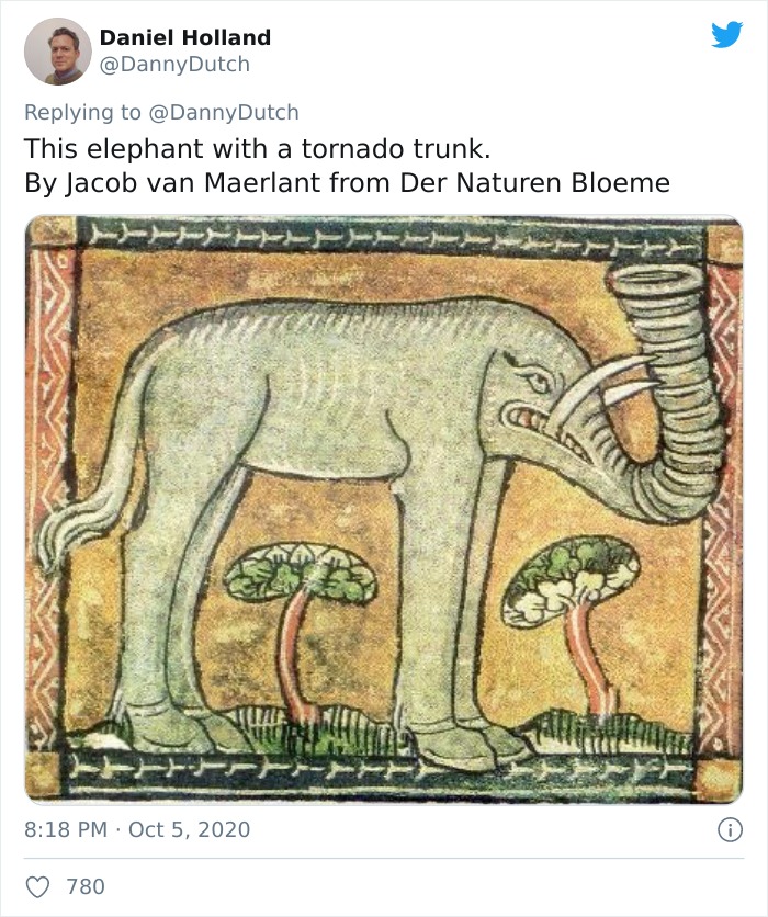 Medieval painters' humorous attempt to depict an elephant with a twisted trunk resembling a tornado.