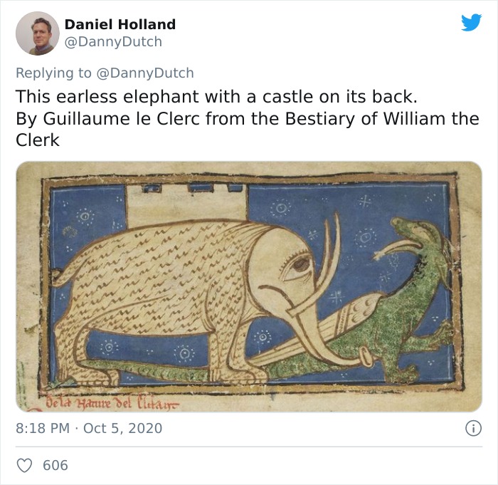 Medieval painters' attempt to depict an earless elephant with a castle on its back in a humorous animal illustration.