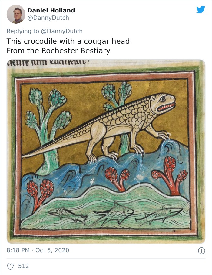 Medieval painters' attempt to depict a crocodile with cougar head in a humorous, inaccurate animal illustration.