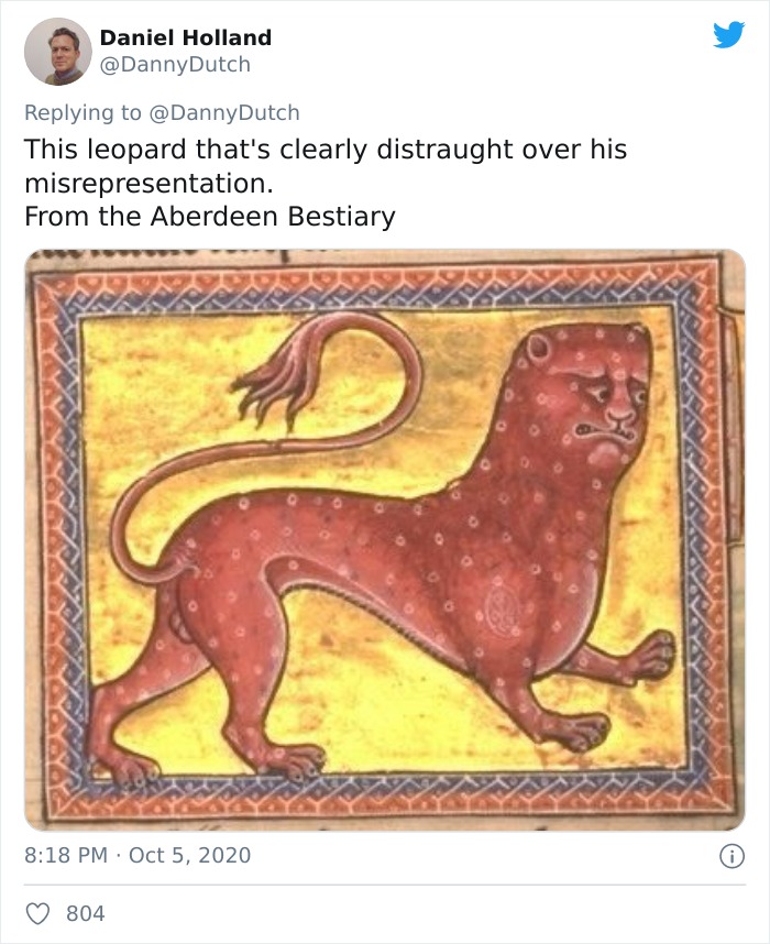 Medieval painters' humorous attempt to depict a leopard from the Aberdeen Bestiary with inaccurate animal features.