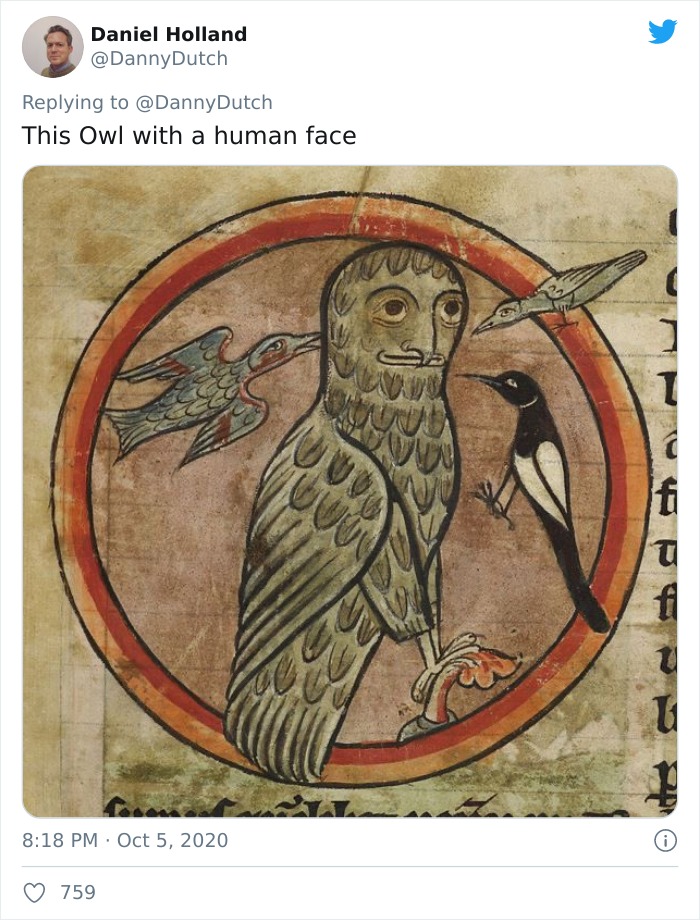 Medieval painters' attempt to paint an owl with a human face showing unique and humorous animal illustrations.