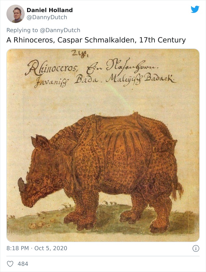 17th century medieval painting of a rhinoceros showing animal art attempts by painters who never saw the real creature.