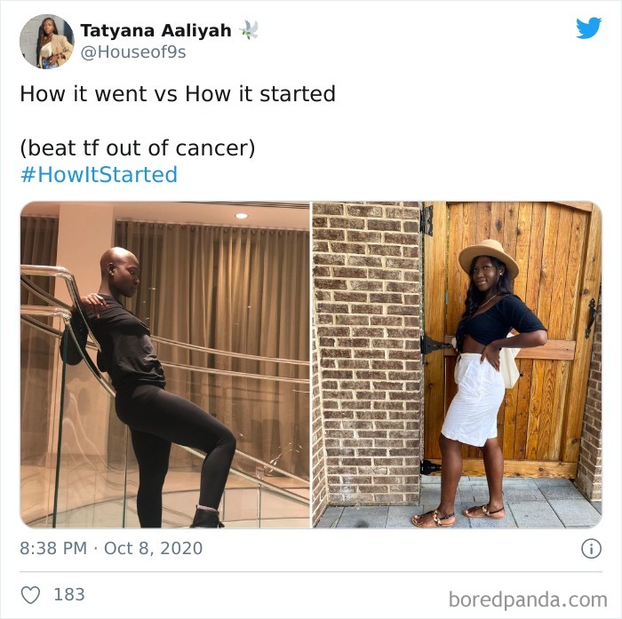 Side-by-side photos showing a cancer survivor’s journey in the how it started vs how it’s going challenge.