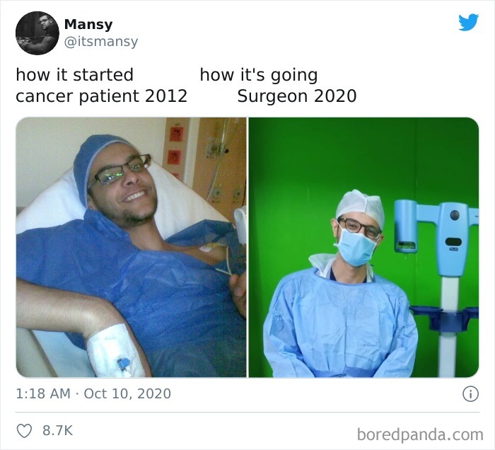 Cancer survivor shares inspiring how it started vs how it's going story, from patient to surgeon in medical setting.