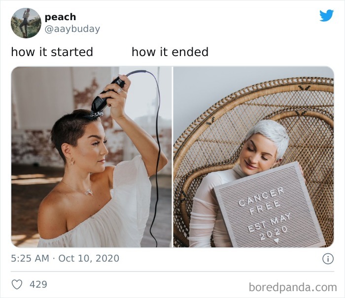 Woman shaving her head and later showing a cancer-free sign, sharing a wholesome cancer story transformation.
