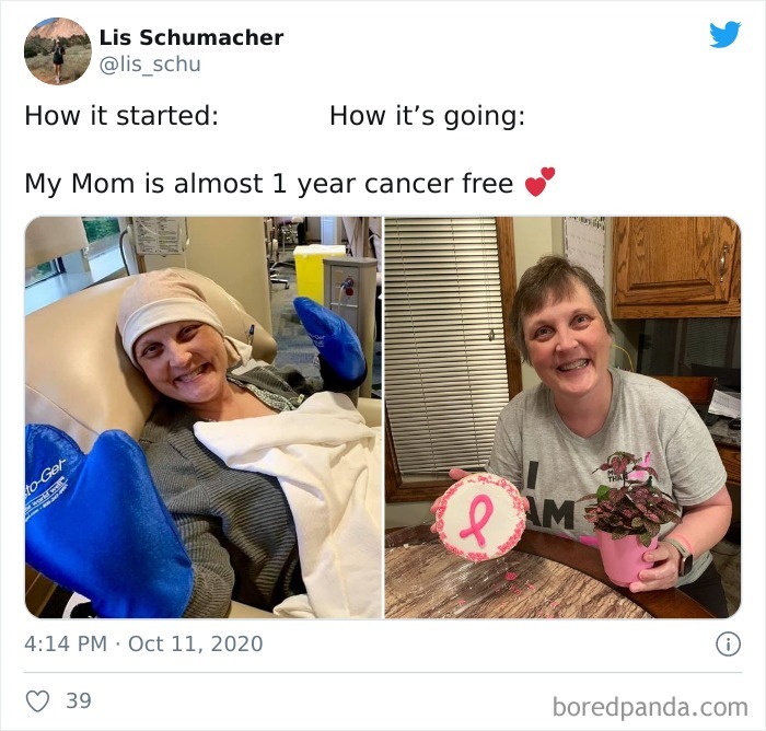 Woman smiling in hospital during cancer treatment and later healthy, celebrating being almost 1 year cancer free.