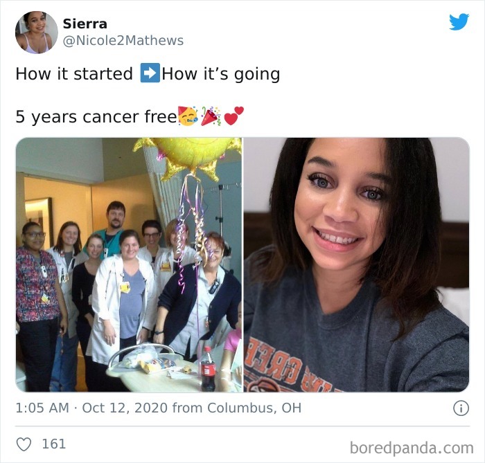 Side-by-side images showing a person with medical staff during cancer treatment and a smiling survivor celebrating being cancer free.