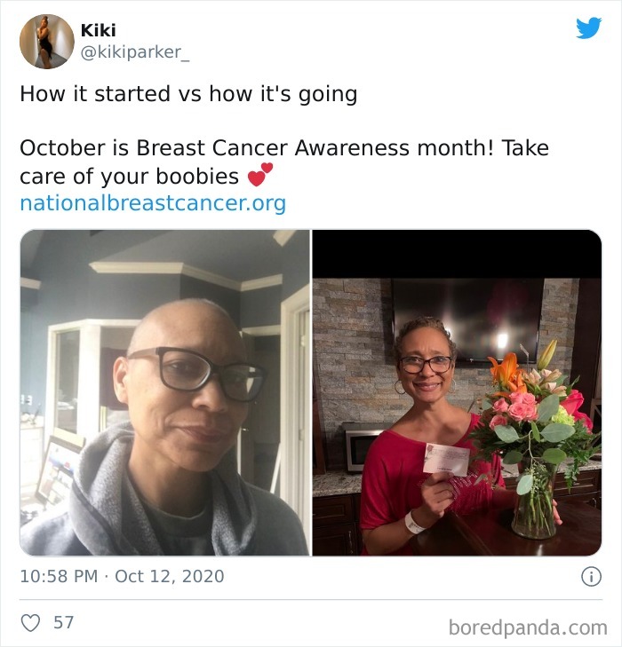 Person shares cancer journey in how it started vs how it's going challenge, promoting breast cancer awareness with flowers and smile.