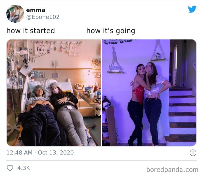 Before and after photos showing cancer journey progress, highlighting wholesomeness in how it started vs how it’s going challenge.