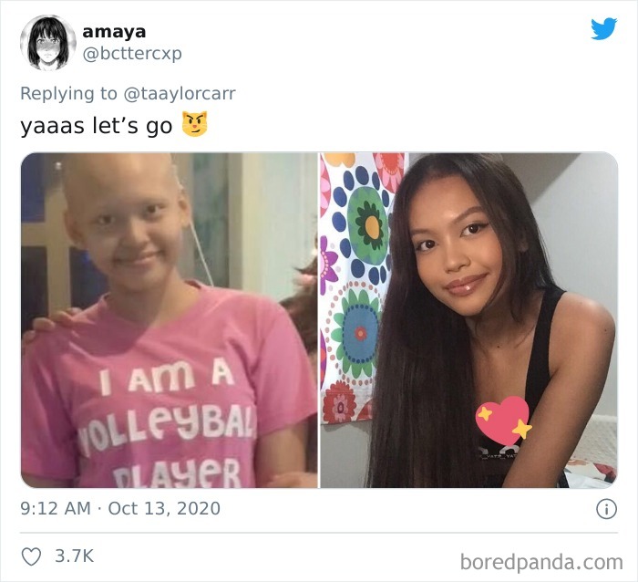 Side-by-side photos of a young woman showing a cancer journey transformation for the how it started vs how it's going challenge.