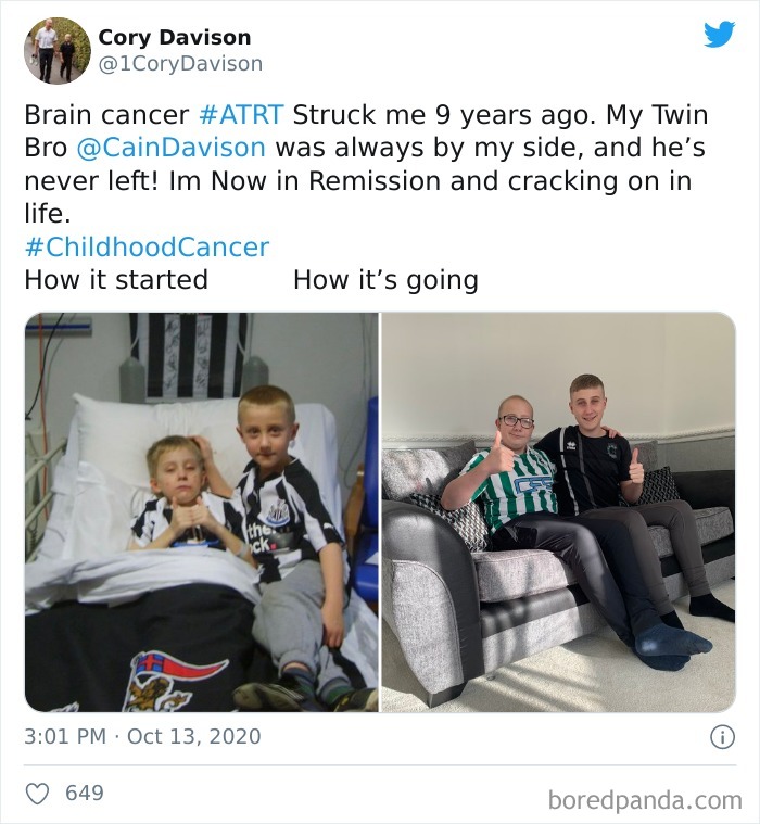 Two brothers share their cancer remission journey in a heartfelt how it started vs how it's going challenge post.
