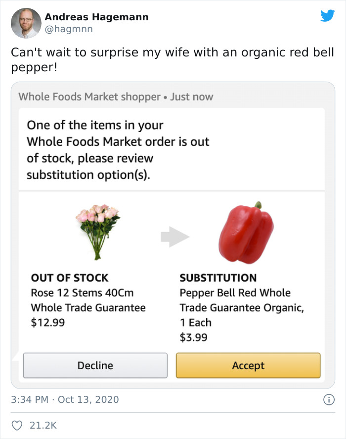 Man Wanted To Buy His Wife A Nice Bouquet Of Roses, But Amazon Suggested Substituting An Organic Bell Pepper And 3 More People Share Their Hilarious Experiences