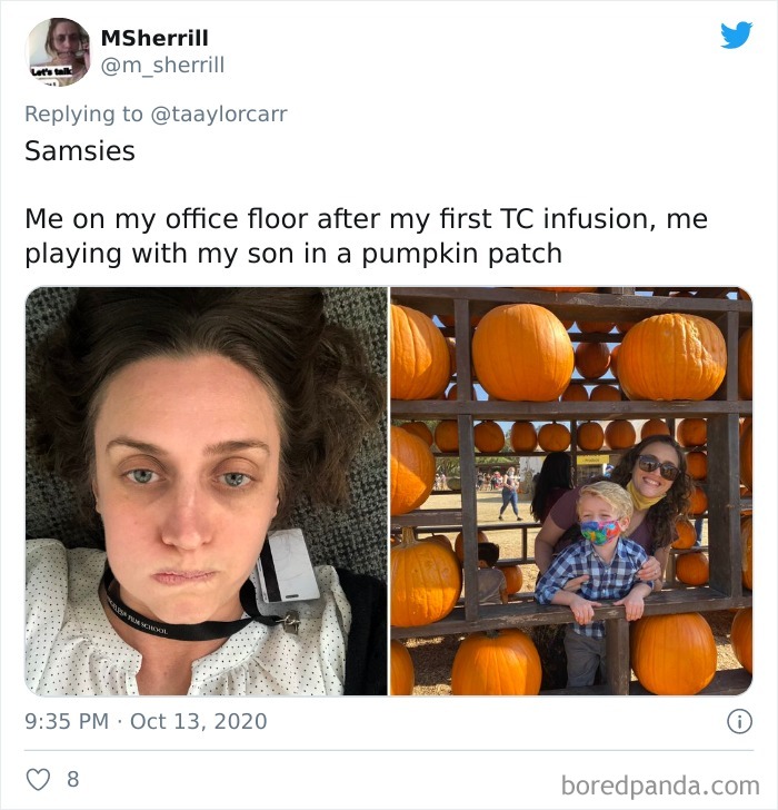 Woman resting after cancer treatment on left, and happily playing with her son in a pumpkin patch on the right, cancer stories challenge.