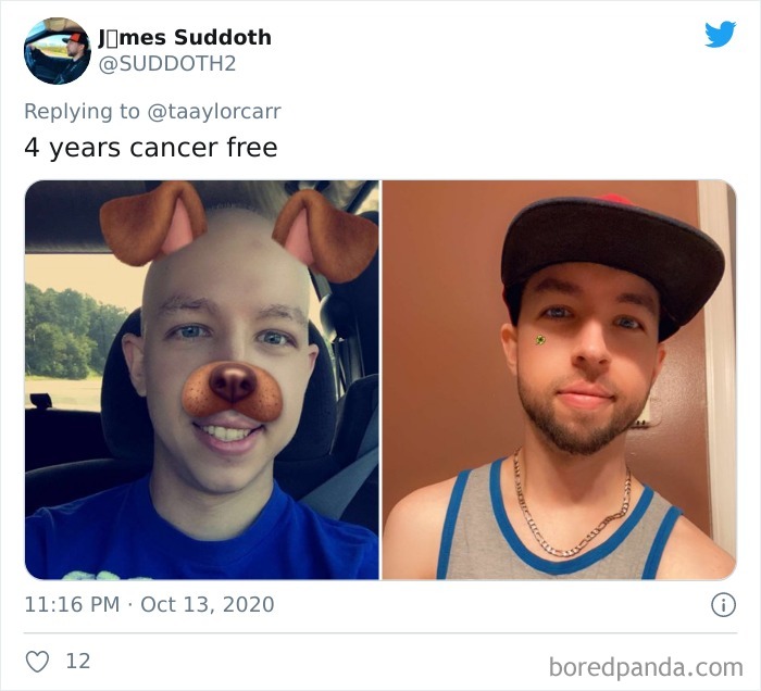 Side-by-side photos of a young man before and after cancer treatment, celebrating being cancer free for 4 years.