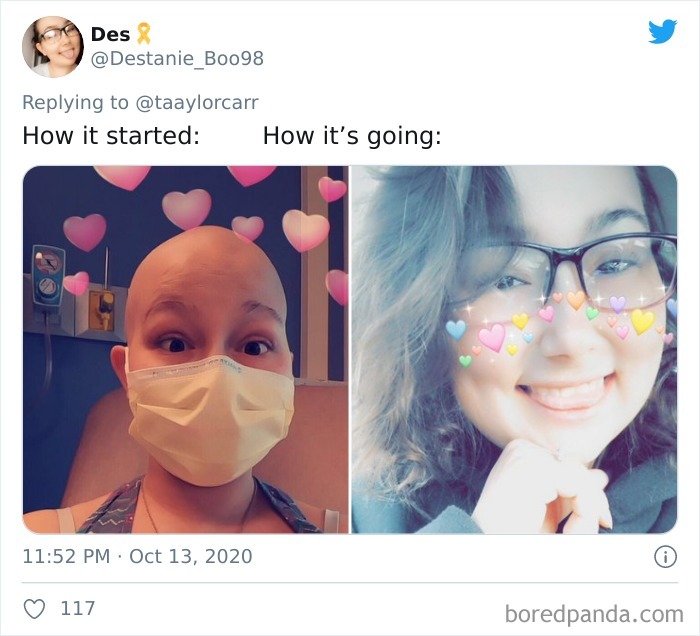 Side-by-side photos showing cancer survivor’s transformation in the how it started vs how it’s going challenge.