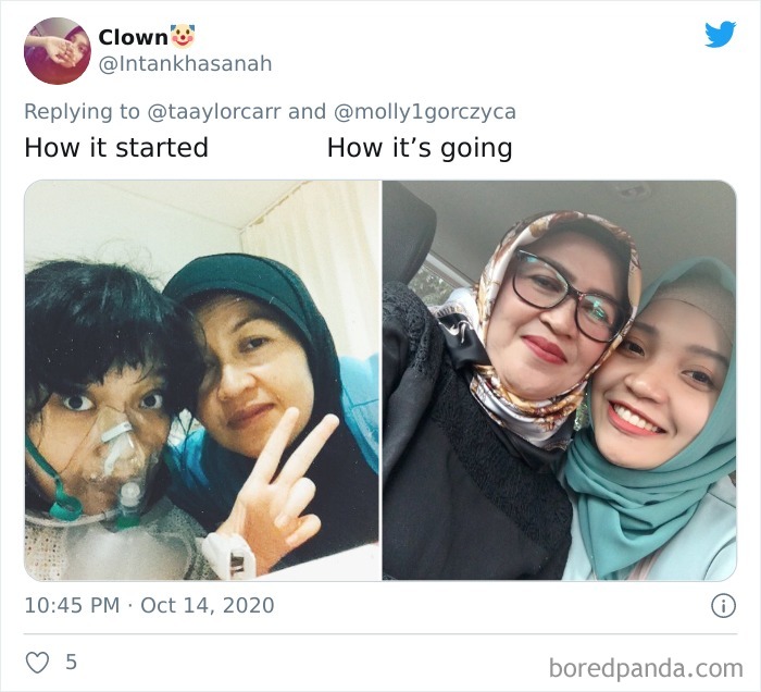 Before and after photos showing cancer survivor and family member smiling, highlighting cancer stories and wholesome transformation.