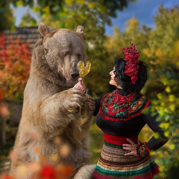 Russian brown bear raised by humans holding a heart-shaped candy with a woman in traditional attire outdoors.