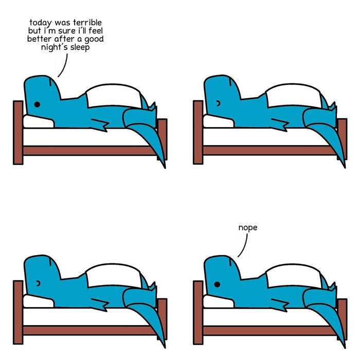Dinosaur comic about terrible day and a good night sleep 