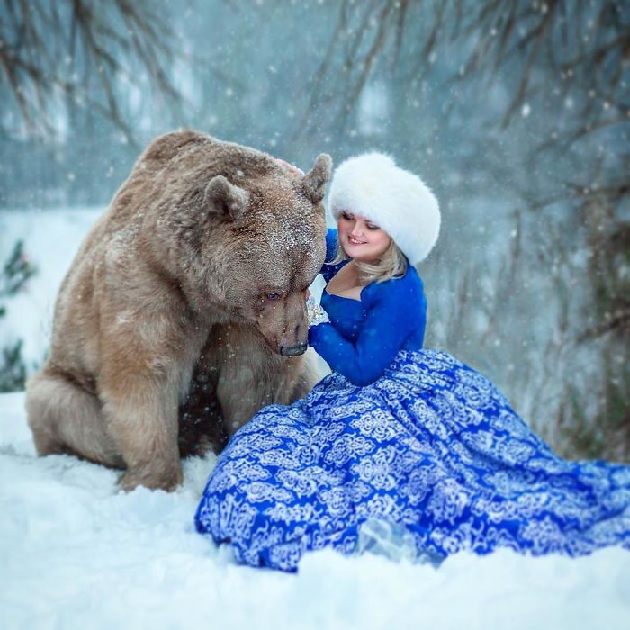 A Russian brown bear sitting in snow beside a woman in a blue dress and white fur hat during winter snowfall.