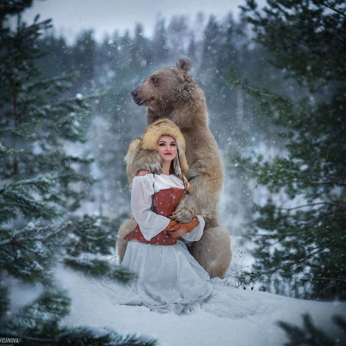 Russian brown bear raised by humans posing with a woman in a snowy forest, starting a unique modeling career.