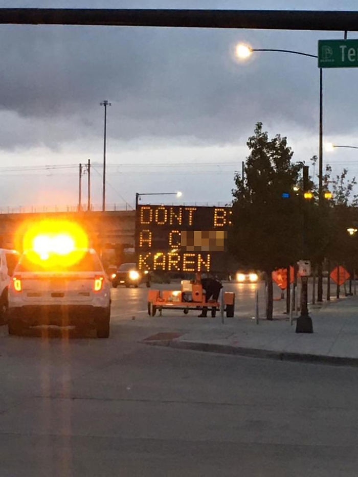 People Noticed This Hacked Sign In Denver That Spreads Anti-Police And Anti-Karen Messages